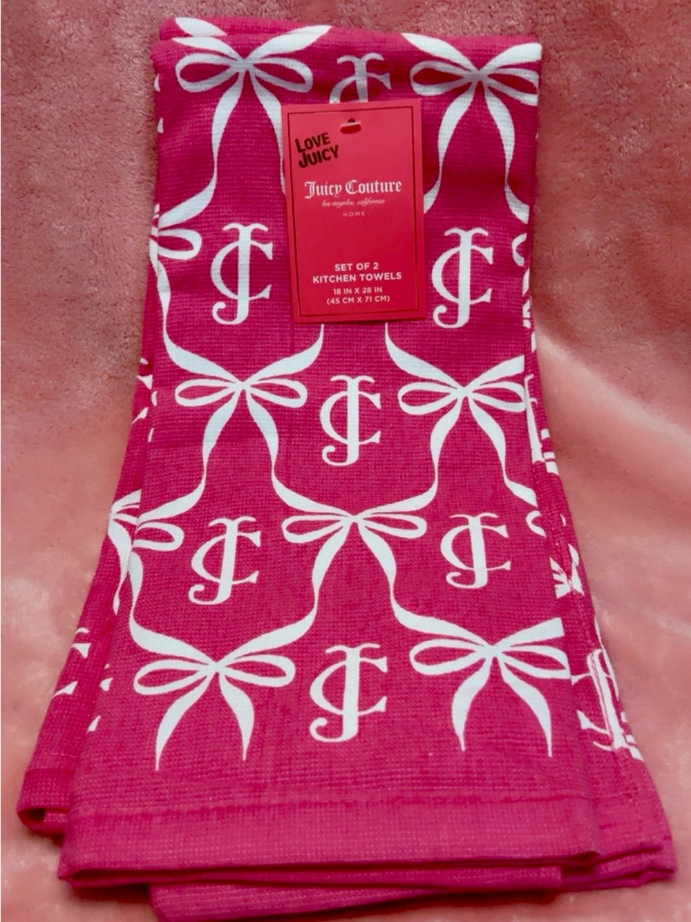 Juicy Couture Hot Pink & White Bow Pattern Kitchen Towels (Set of 2)